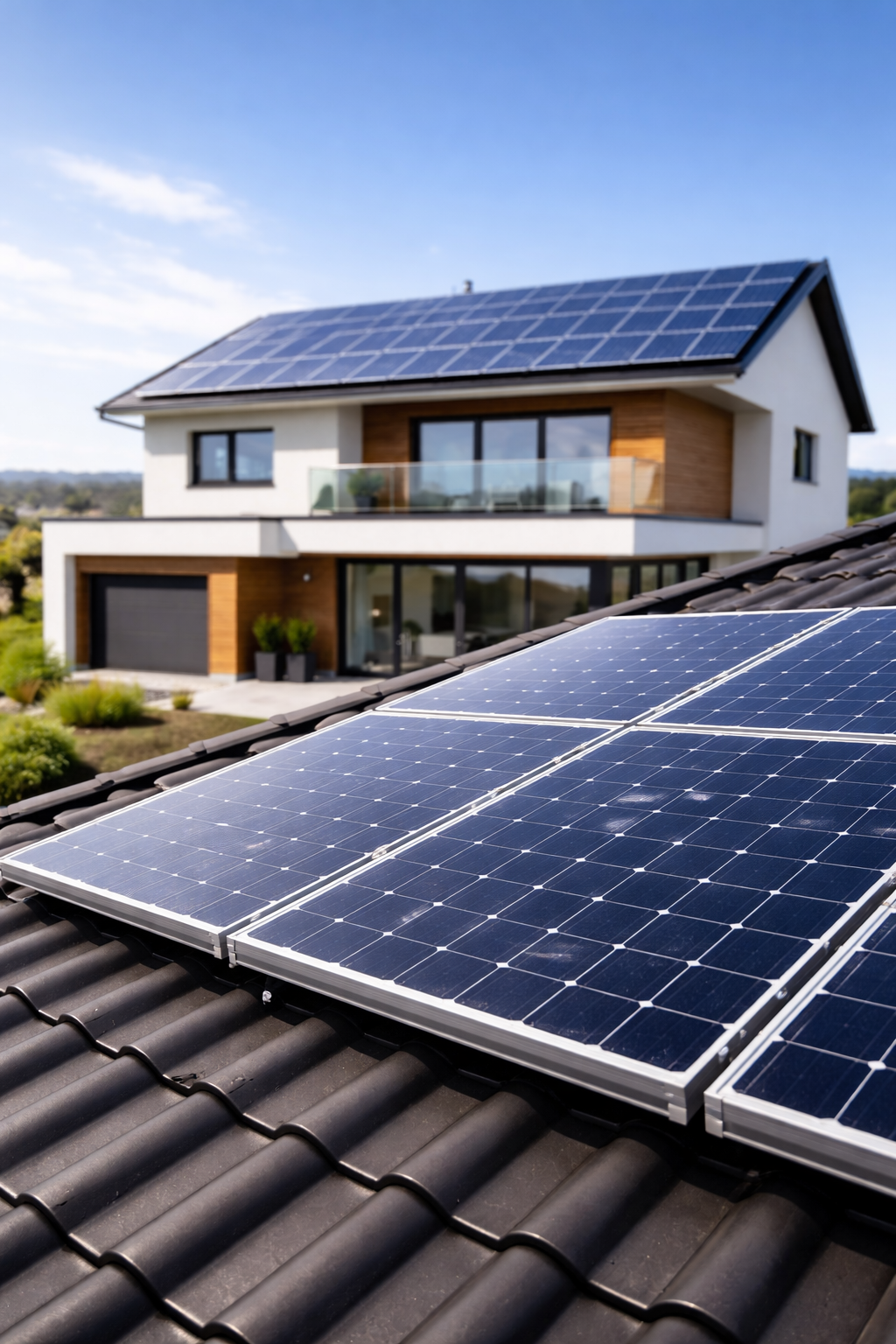 Photovoltaikmodule in Nahaufnahme mit modernem Wohnhaus