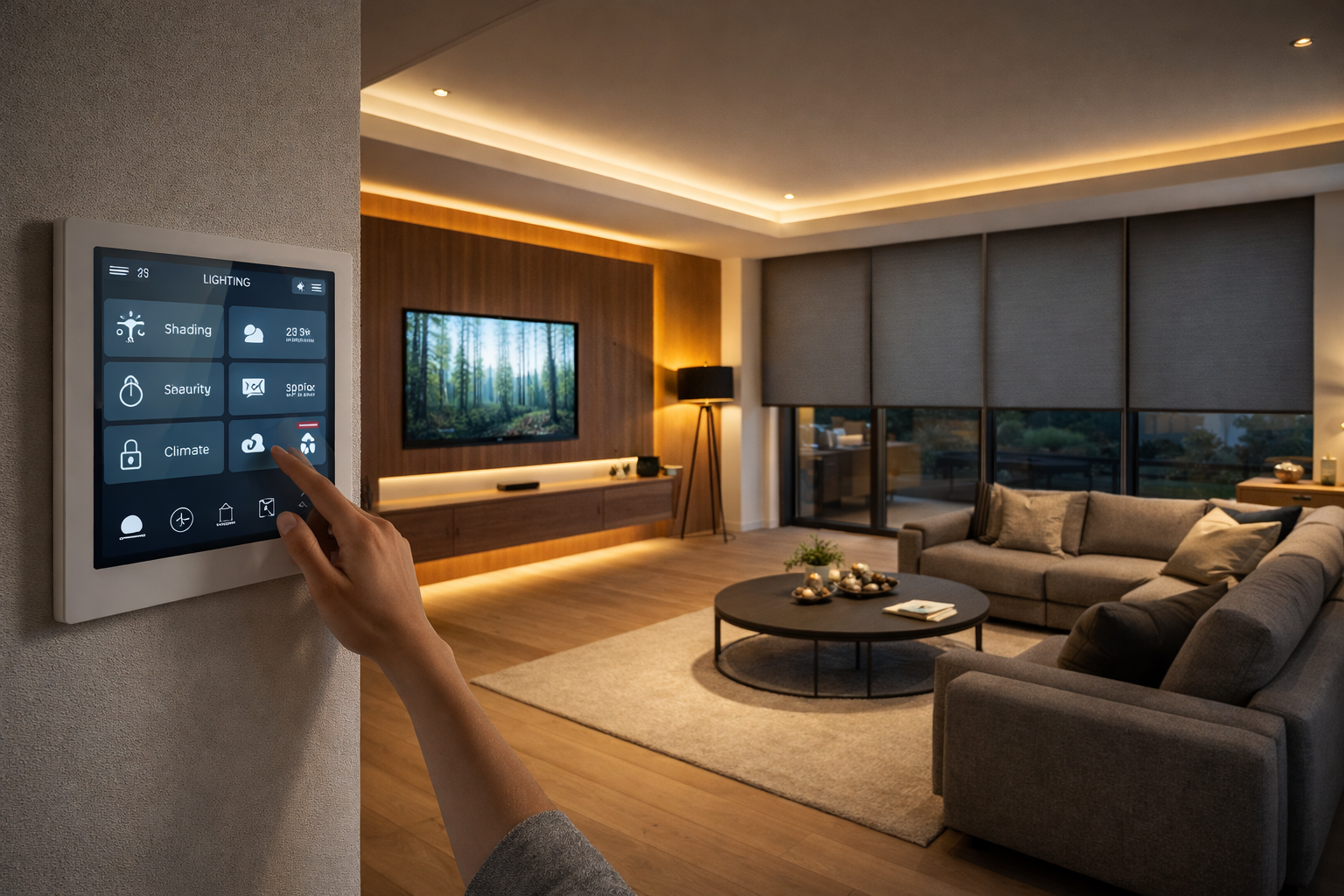 Modernes Smart Home mit Lichtsteuerung und digitaler Hausautomation